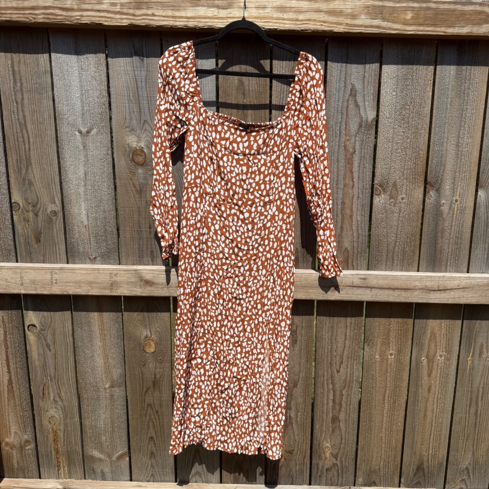Forever 21 Rust Brown White Abstract Pebble Print Smocked Midi Dress Large